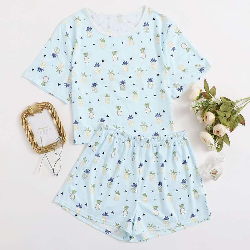 

Pineapple Tee & Shorts PJ Set, Pastel baby blue