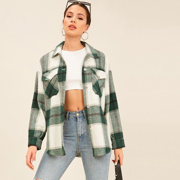 

Collared Drop Shoulder Flap Pocket Front Plaid Coat, Multicolor