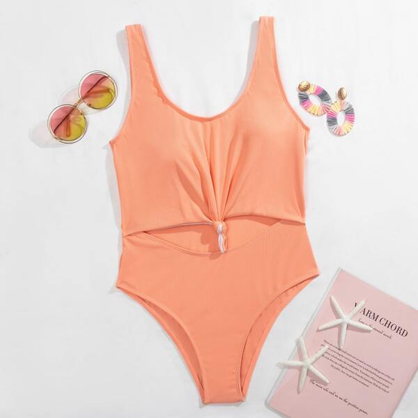 

Rib Cut-out Knot Hem One Piece Swimsuit, Coral pink