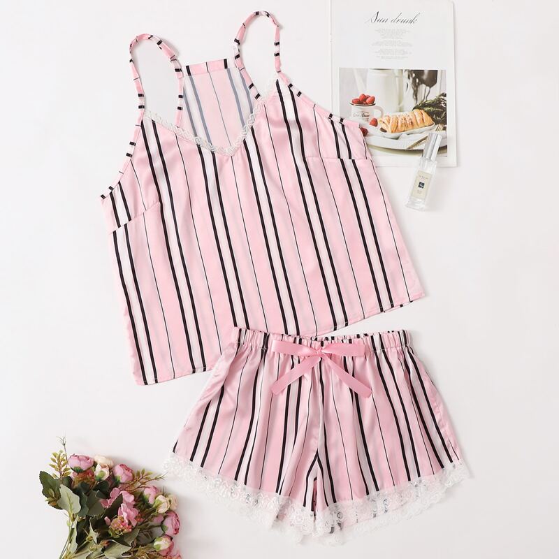 

Stripe Lace Trim Satin PJ Set, Baby pink