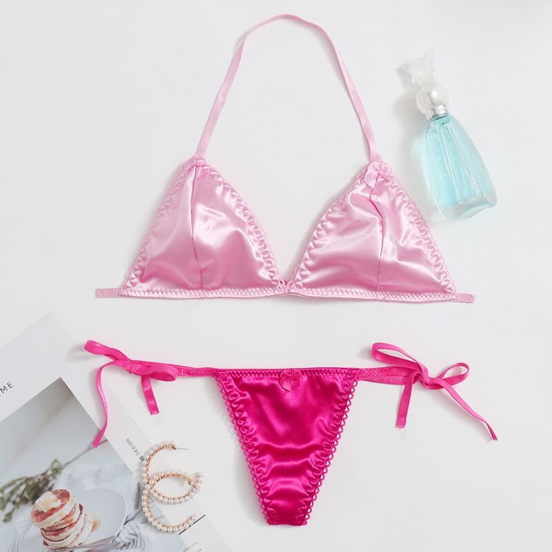 

Triangle Tie Side Satin Lingerie Set, Pink