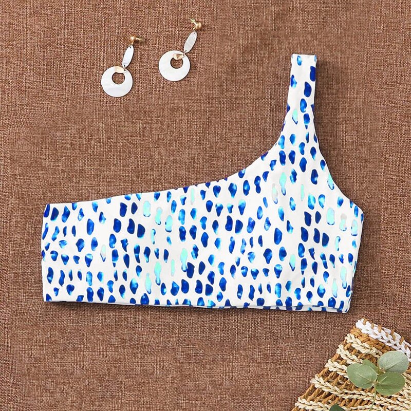 

Allover Graphic One Shoulder Bikini Top, Blue and white