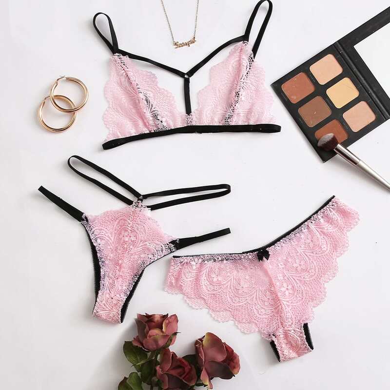 

3pack Scallop Floral Lace Lingerie Set, Pink
