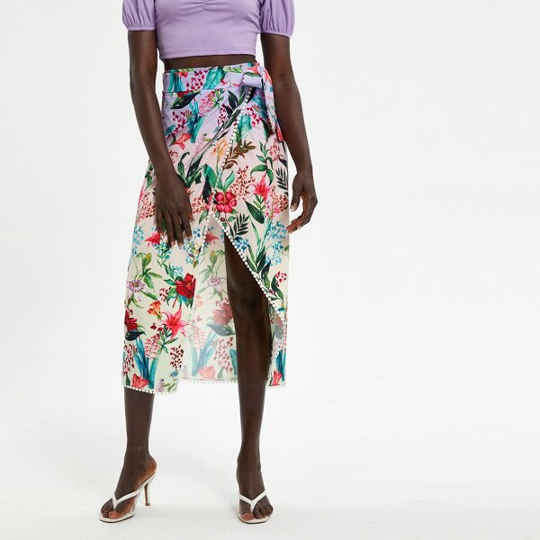 

Floral Tie Side Wrap Skirt, Multicolor