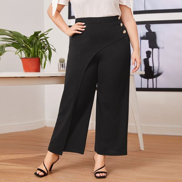 

Plus Buttoned Side Overlap Wide Leg Pants, Black