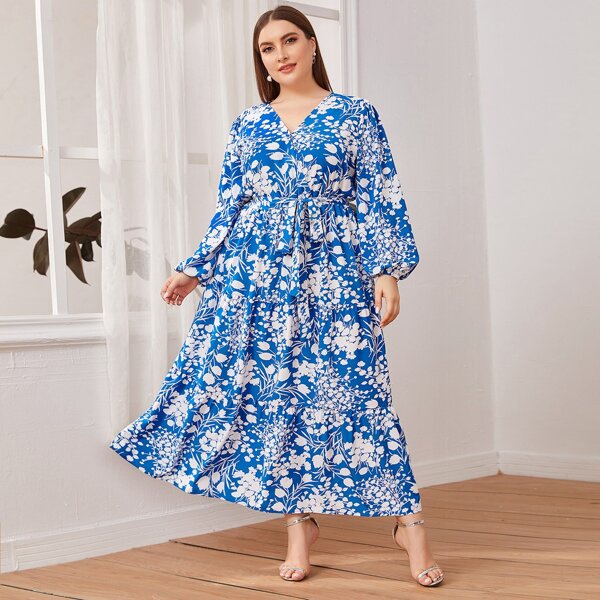 

Plus Lantern Sleeve Surplice Neck Self Belted Floral Dress, Blue