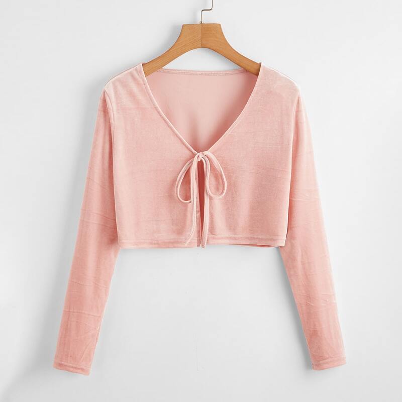 

Velvet Tie Front Crop Top, Baby pink