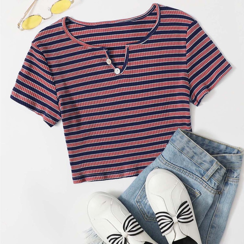 

Striped Button Crop Tee, Multicolor