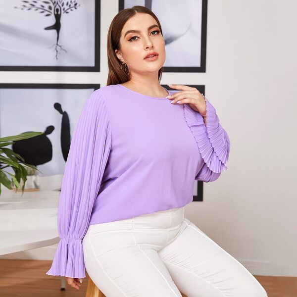 

Plus Pleated Flounce Sleeve Top, Lilac purple
