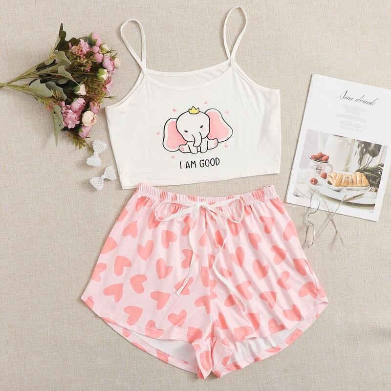 

Elephant Print Cami & Heart Shorts PJ Set, Red and white