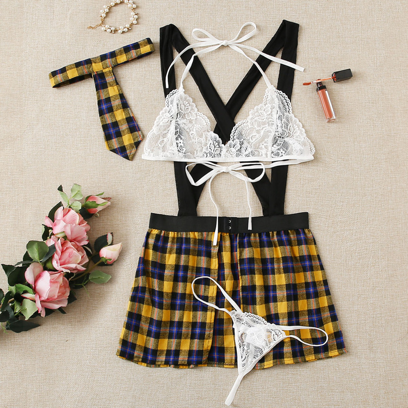

4pack Tartan Uniform Suspender Sexy Set, Multicolor