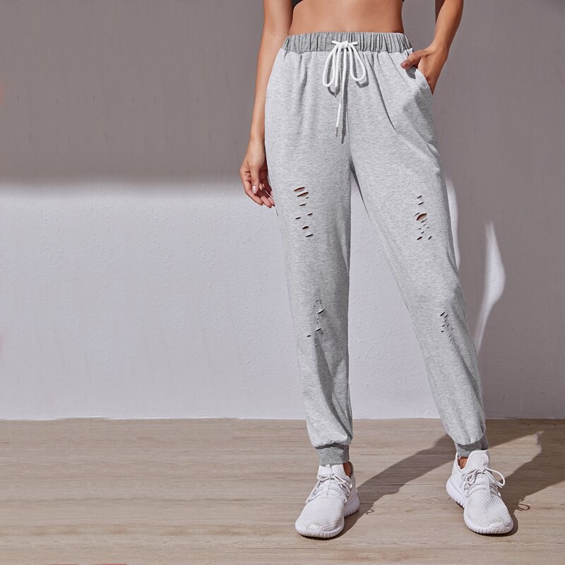

Ripped Drawstring Waist Sports Pants, Light grey
