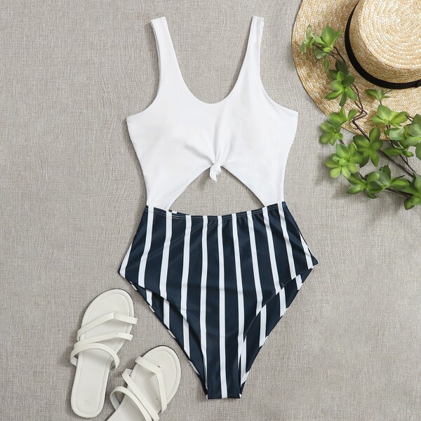 Striped Cut-out Knot Front One Piece Swimsuit, Multicolor