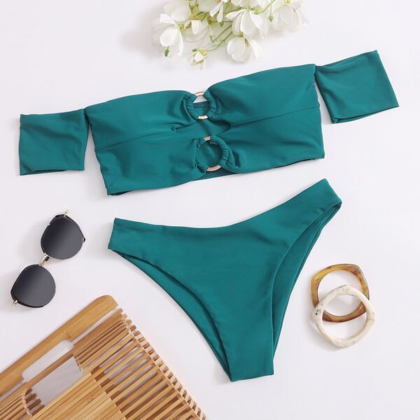 

Ring Linked Bardot Bikini Swimsuit, Teal blue