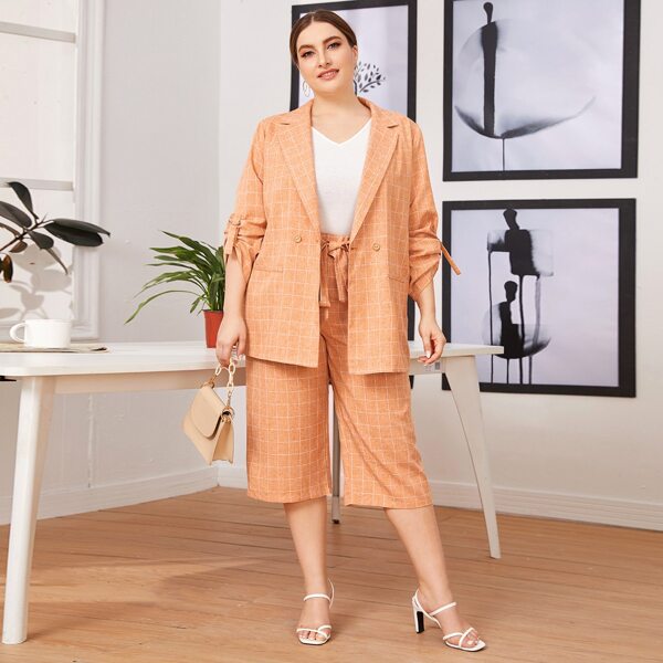 

Plus Notched Collar Roll Up Sleeve Plaid Blazer & Capri Pants Set, Orange