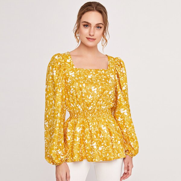 

Square Neck Lantern Sleeve Shirred Waist Floral Peplum Top, Yellow