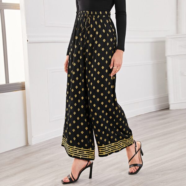 

Knot Waist Wide Leg Floral and Striped Pants, Black