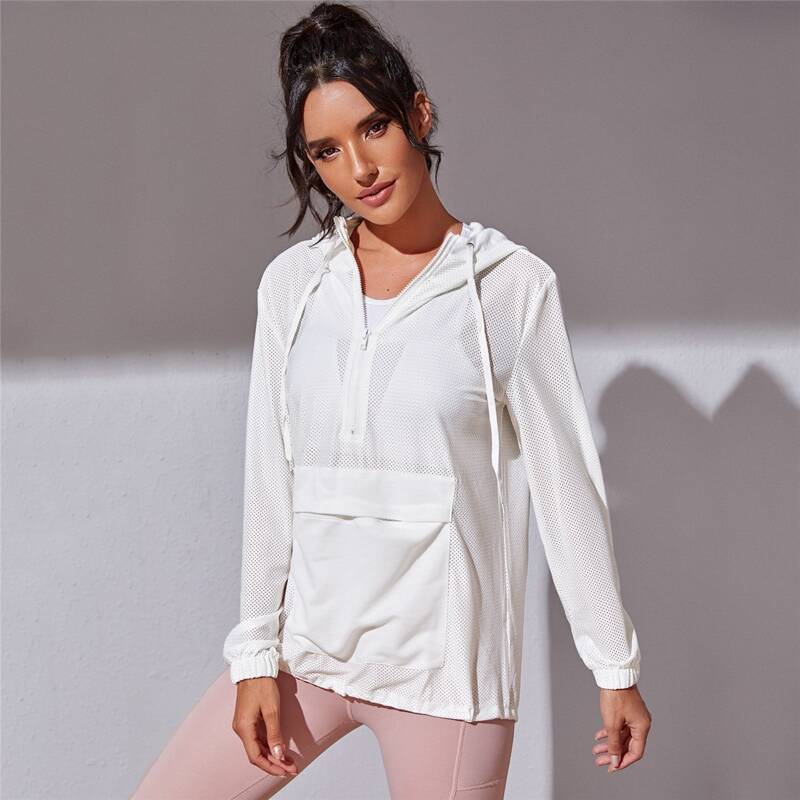 

Fishnet Pocket Front Half Zip Drawstring Sports Jacket, White