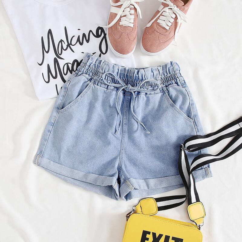 

Paperbag Waist Drawstring Denim Shorts, Light wash