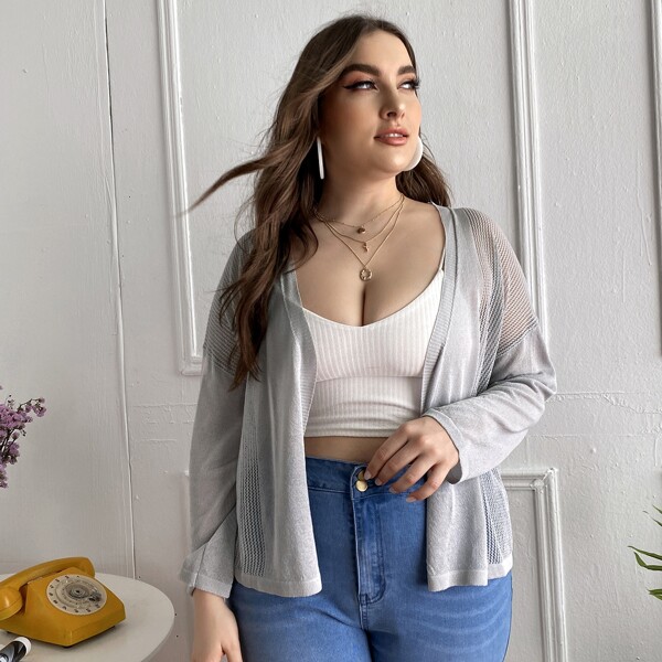 

Plus Sheer Open Front Solid Cardigan, Light grey