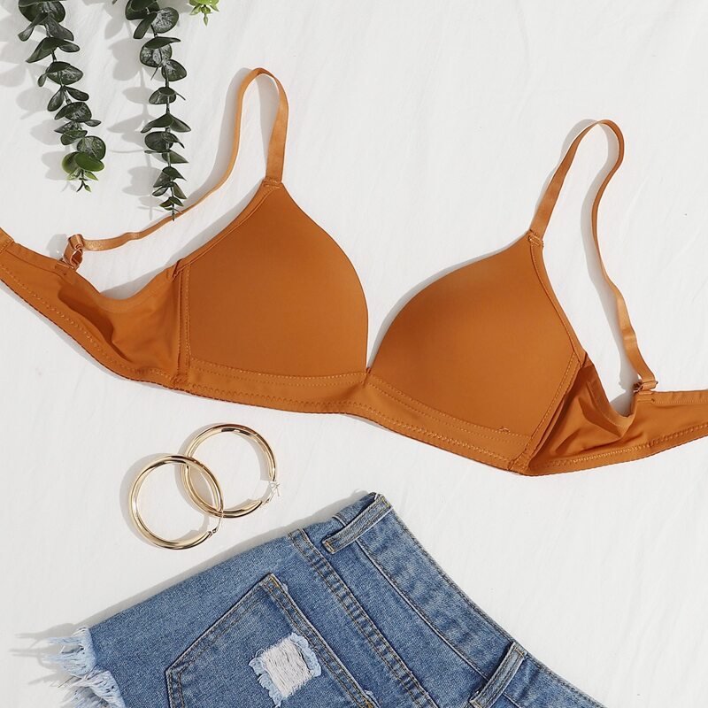 

Solid Adjustable Strap Bra, Brown