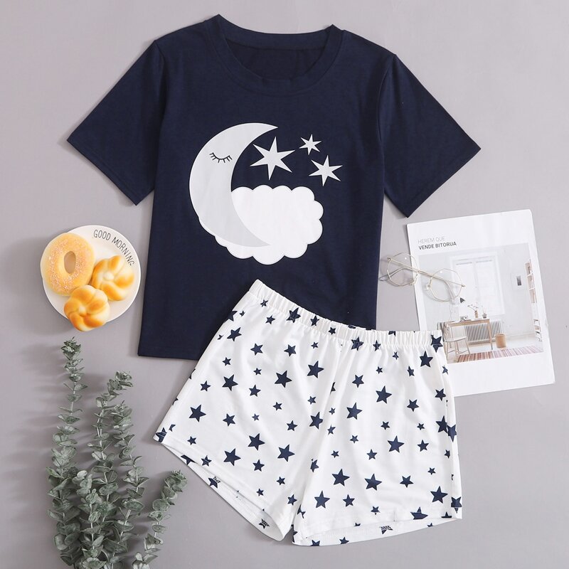

Galaxy Tee & Shorts PJ Set, Blue and white