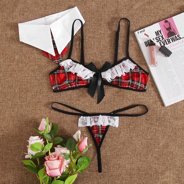 

3pack Tartan Lace Trim Sexy Set, Red