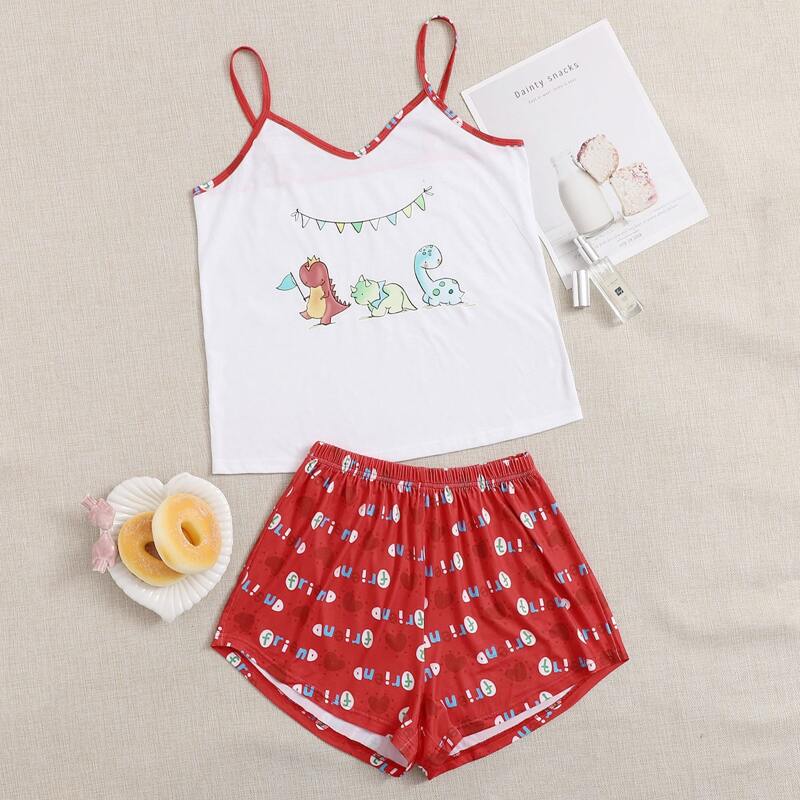 

Cartoon Ringer Cami & Letter Shorts PJ Set, Red and white