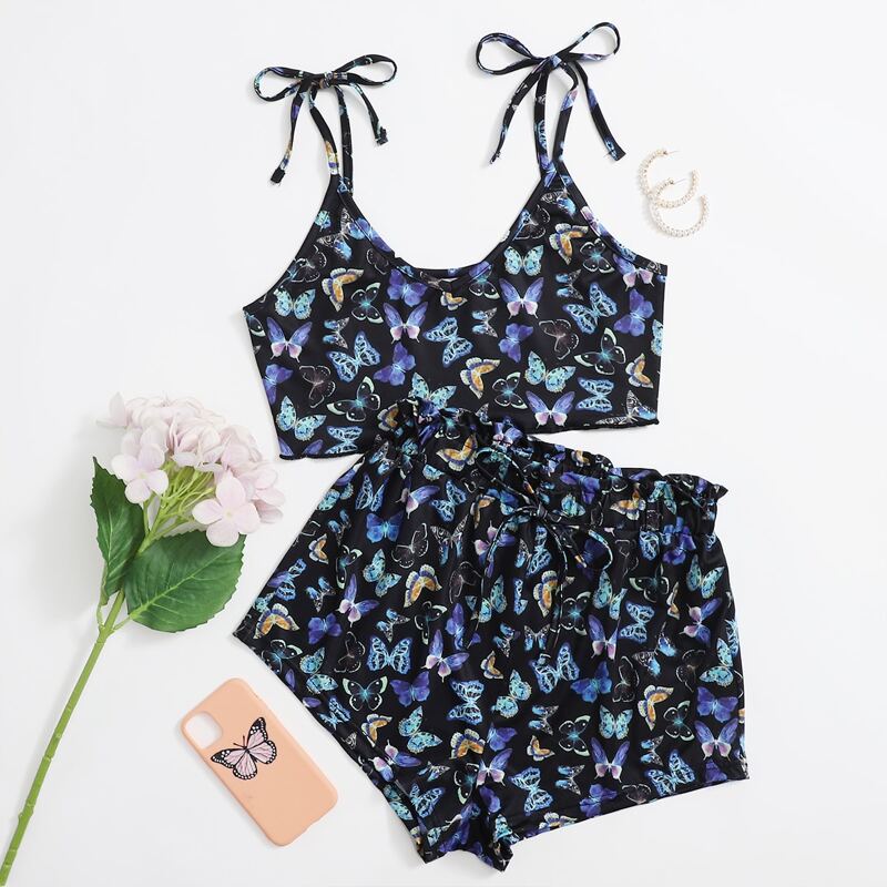 

Butterfly Print Elastic Waist Shorts PJ Set, Multicolor