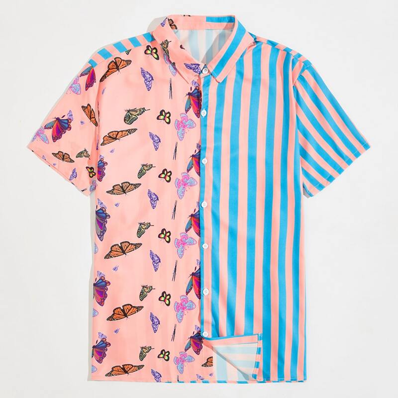 

Guys Butterfly & Striped Print Button Up Shirt, Multicolor