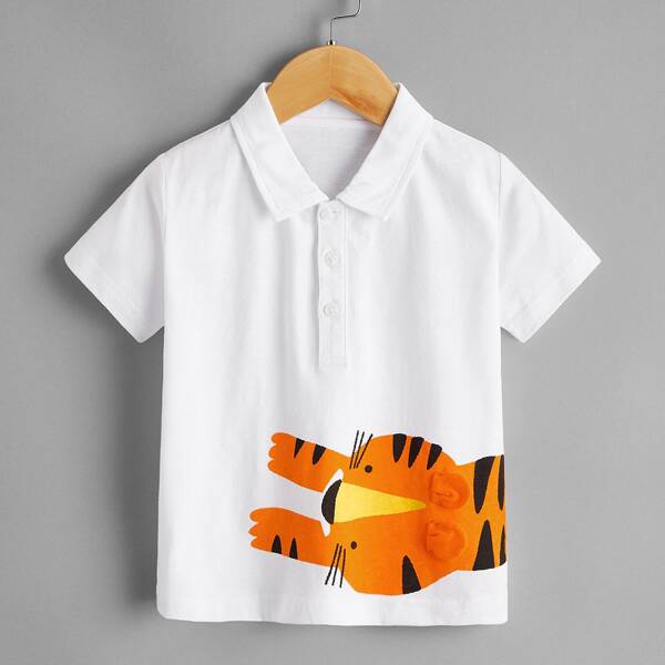 

Toddler Boys Cartoon Graphic 3D Tiger Ear Design Polo Shirt, White
