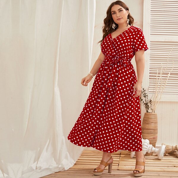 

Plus Polka Dot Belted Dress, Burgundy