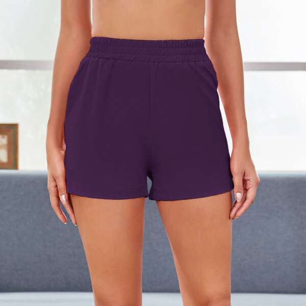 

Solid Elastic Waist Sports Shorts, Violet purple