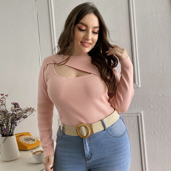

Plus Cut Out Front Ribbed Knit Sweater, Coral pink