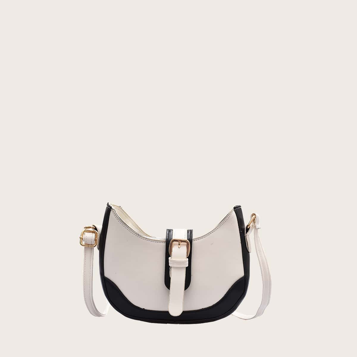 

Colorblock Buckle Crossbody Bag, Black and white