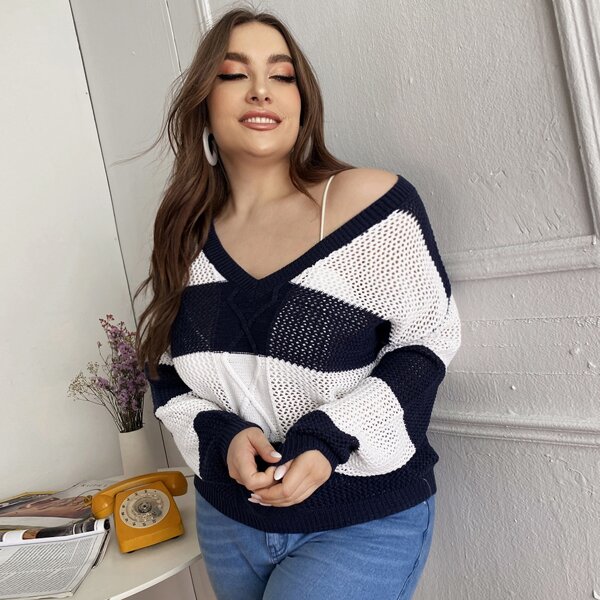 

Plus Pointelle Knit Colorblock Sweater, Blue and white