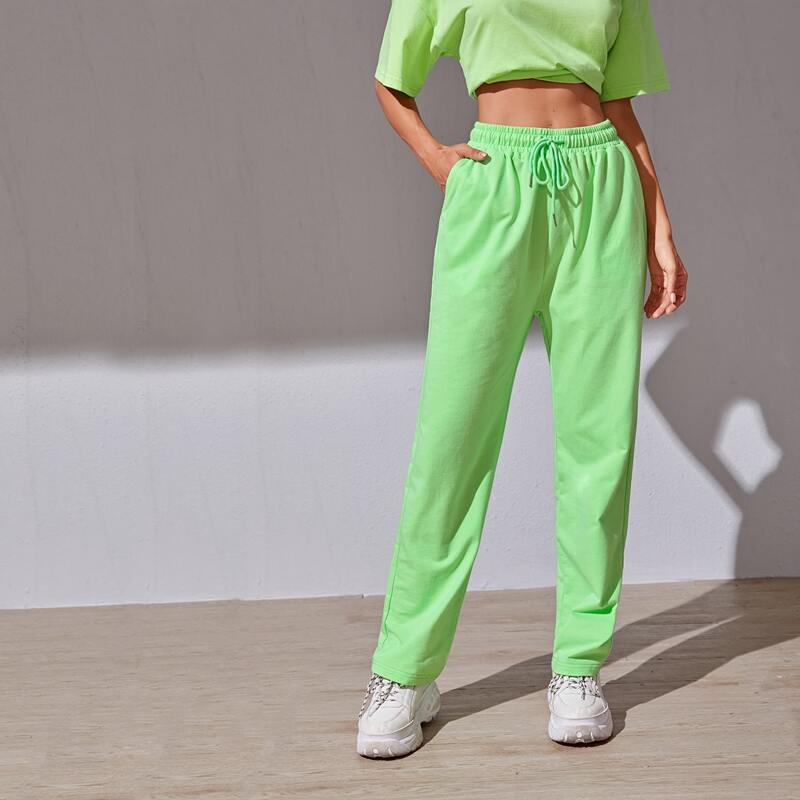 

Solid Drawstring Waist Sports Pants, Lime green