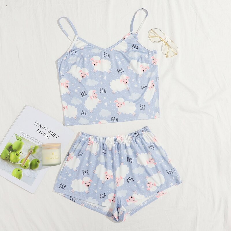 

Cartoon Sheep Cami & Shorts PJ Set, Multicolor
