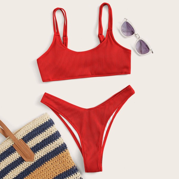 Rib High Leg Bikini Swimsuit, Red