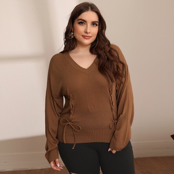 

Plus V-neck Lace Up Drop Shoulder Sweater, Coffee brown