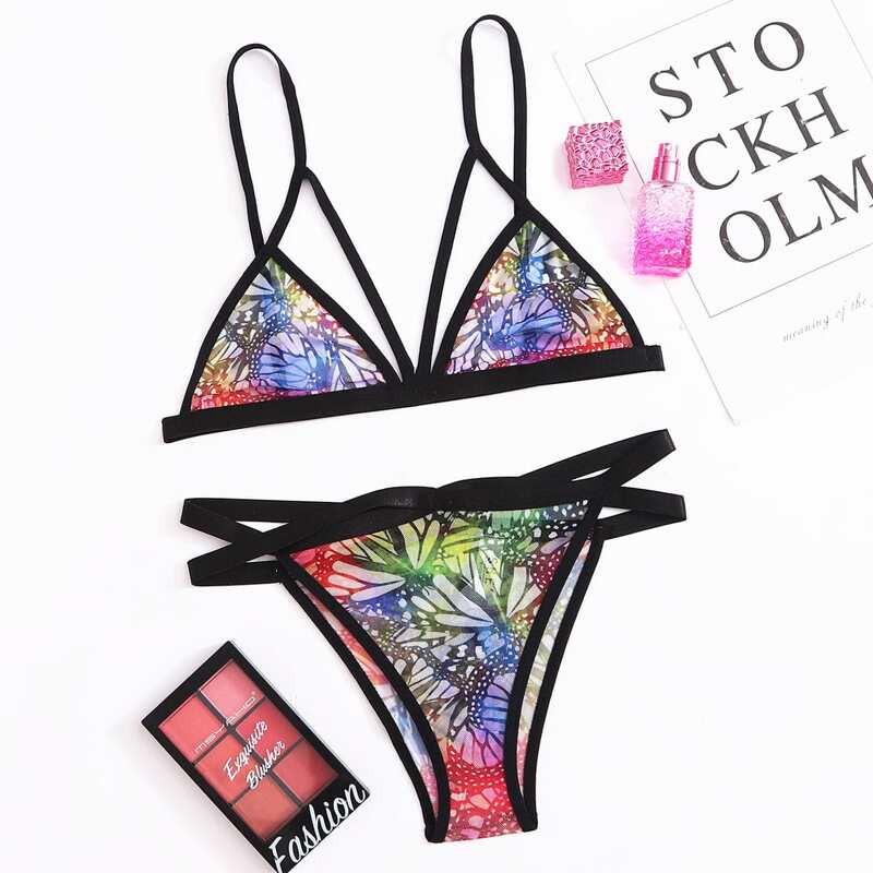 

Contrast Binding Graphic Harness Lingerie Set, Multicolor