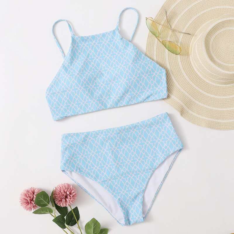 

Geometric High Waist Bikini Swimsuit, Pastel baby blue