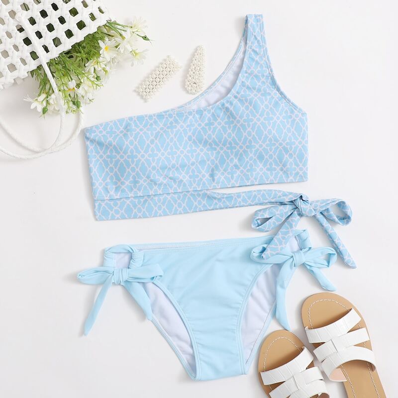 

Geometric Tie Side One Shoulder Bikini Swimsuit, Pastel baby blue