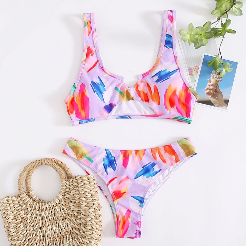 

Brush Print Cut-out Tank Bikini Swimsuit, Multicolor