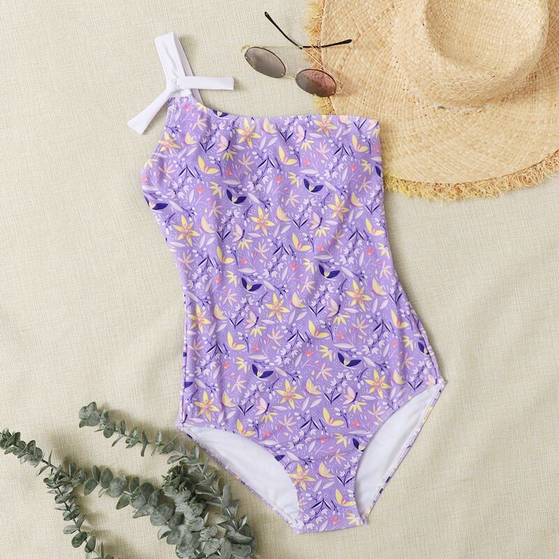 

Floral Knot One Shoulder One Piece Swimsuit, Lilac purple