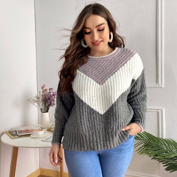 

Plus Drop Shoulder Color Block Chevron Sweater, Multicolor