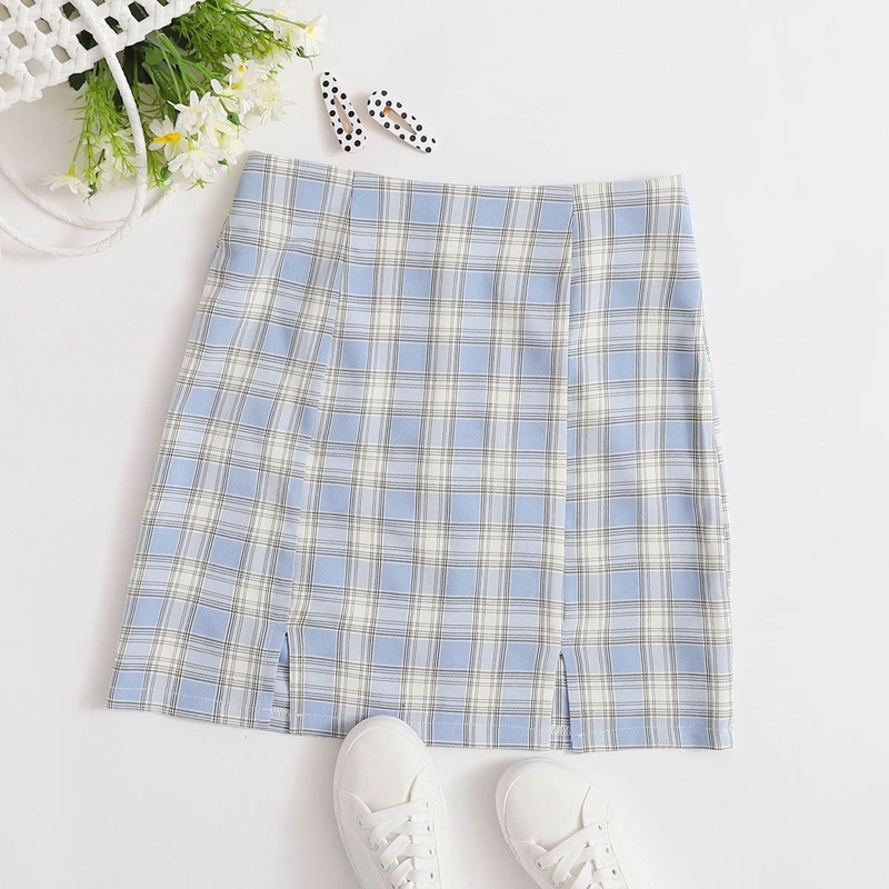 

Plaid Split Hem Skirt, Multicolor