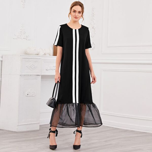

Contrast Tape Detail Flounce Hem Dress, Black