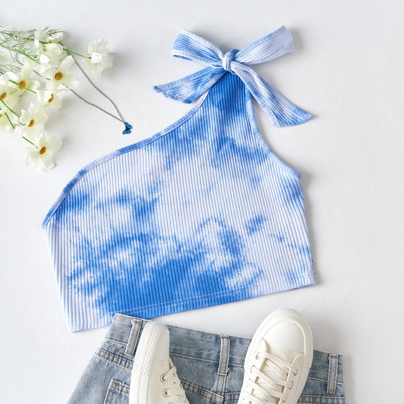 

One Shoulder Tie Dye Crop Top, Blue