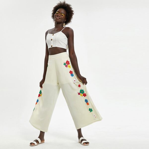 

Floral Embroidered Wide Leg Pants, Beige